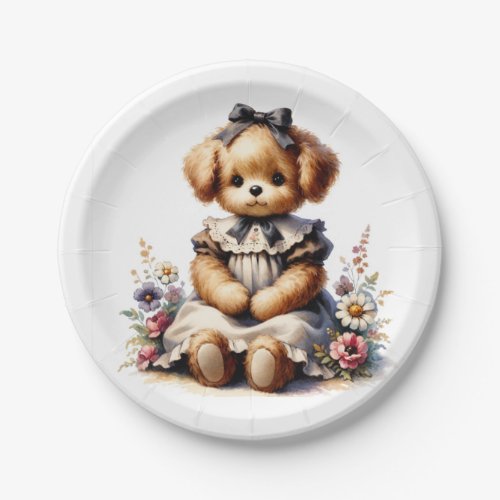Vintage Nursery Girl Puppy Flower Paper Plates