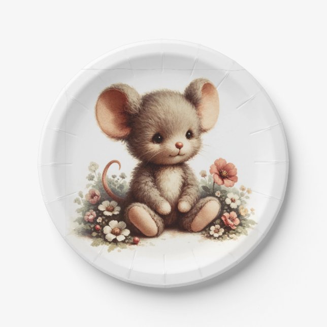 Vintage Nursery Mouse Flower  Paper Plates (Front)