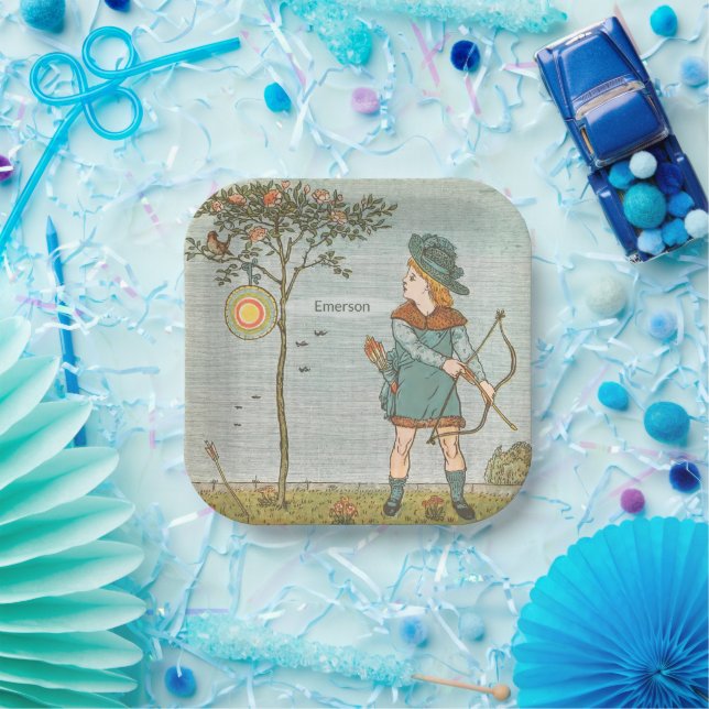 Vintage Nursery Rhyme Illustration Boy Bow Arrow Paper Plates (Party)