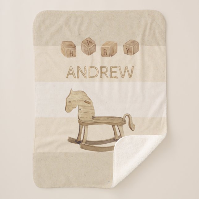 Vintage Nursery Sherpa Blanket with Wooden Horse (Front)