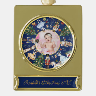 Vintage Nutcracker Baby 1st First Christmas Photo Gold Plated Banner Ornament