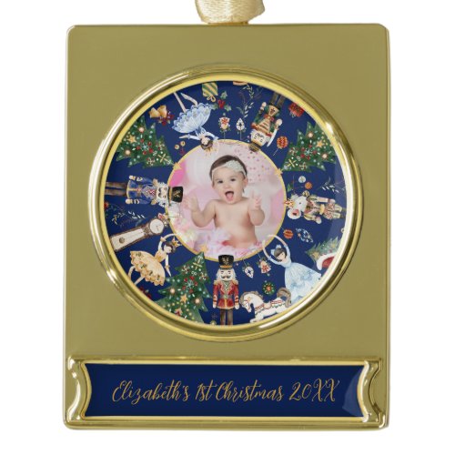 Vintage Nutcracker Baby 1st First Christmas Photo Gold Plated Banner Ornament