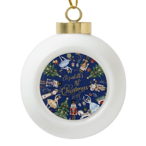 Vintage Nutcracker Ballet Baby 1st First Christmas Ceramic Ball Christmas Ornament