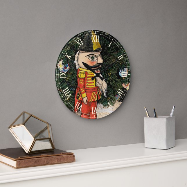 Vintage Nutcracker Under Christmas Tree Large Clock (Office)
