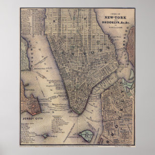 Vintage NYC and Brooklyn Map (1847) Poster