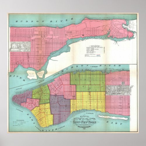 Vintage NYC Fire Department Map 1871 Poster