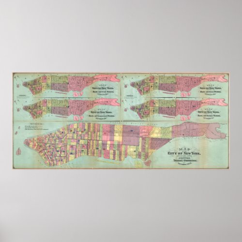 Vintage NYC Political Ward Map 1870 Poster