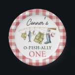 Vintage O-Fish-Ally One 1st Birthday  Paper Plates<br><div class="desc">Vintage O-Fish-Ally One 1st Birthday Paper Plate

Cute boy's fishing themed first birthday paper plate featuring a fishing rod with fishing boots,  fish,  lure,  bobber,  fishing hat and fishing jacket.  This ofishally one birthday plate also features a red gingham pattern.</div>
