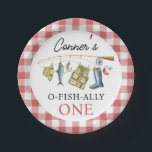 Vintage O-Fish-Ally One 1st Birthday  Paper Plates<br><div class="desc">Vintage O-Fish-Ally One 1st Birthday Paper Plate

Cute boy's fishing themed first birthday paper plate featuring a fishing rod with fishing boots,  fish,  lure,  bobber,  fishing hat and fishing jacket.  This ofishally one birthday plate also features a red gingham pattern.</div>