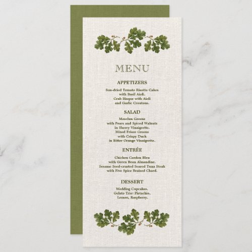 Vintage Oak Leaves Burlap Wedding Menu Card