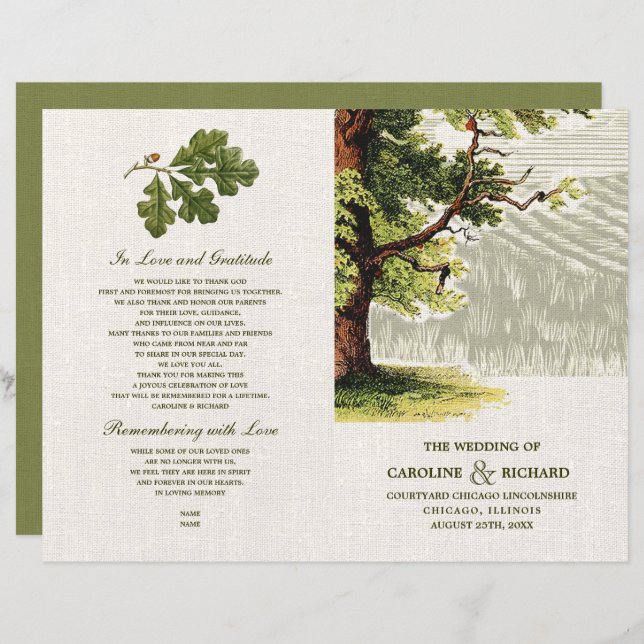 Vintage Oak Tree Burlap Folded Wedding Programs (Front/Back)