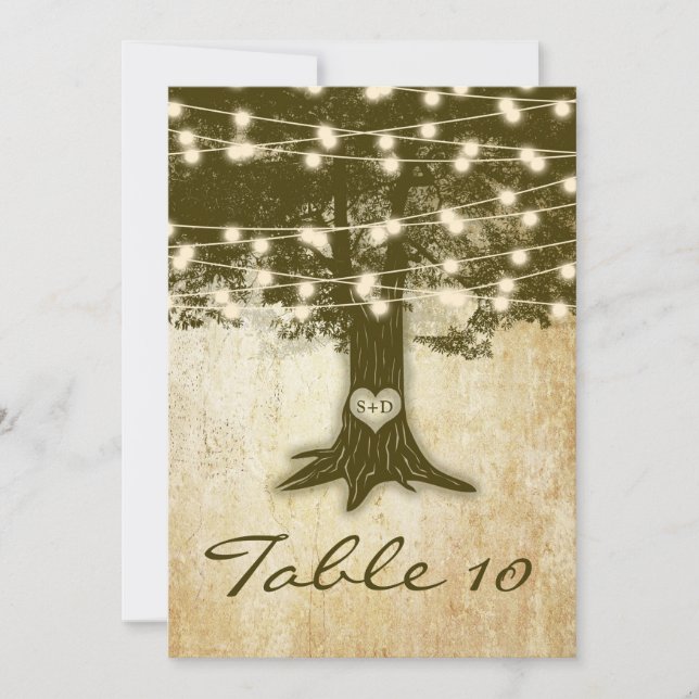Vintage Oak Tree Lights Wedding Table Number Card (Front)