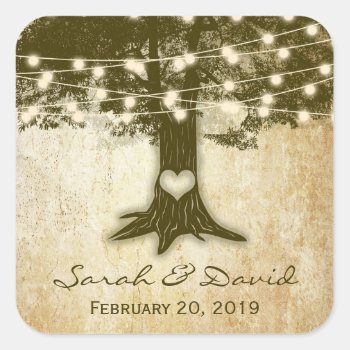 Vintage Oak Tree String Lights Wedding Thank You Square Sticker by prettypicture at Zazzle