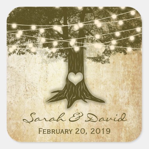 Vintage Oak Tree String Lights Wedding Thank You Square Sticker