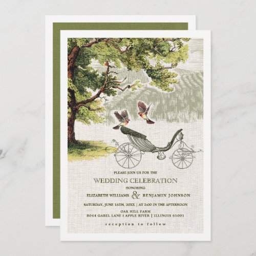 Vintage Oak Tree  Wedding Carriage Burlap Wedding Invitation