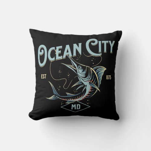 Vintage Ocean City Marlin Fishing Retro Beach Throw Pillow