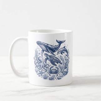 Vintage Ocean Life Blue and White Nautical Coffee Mug
