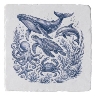 Vintage Ocean Life Blue and White Nautical Trivet