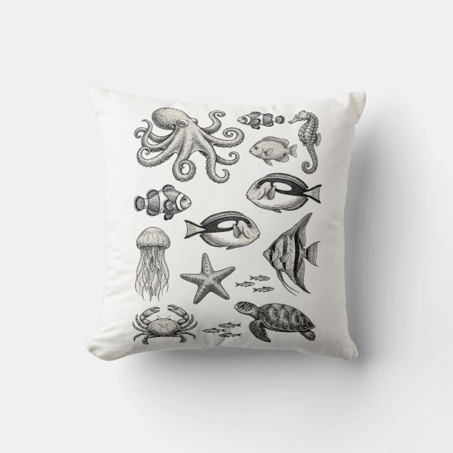 Vintage Ocean Life Engraving Illustration Throw Pillow (Front)