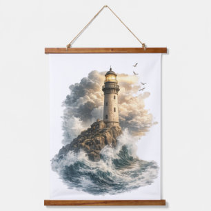 Vintage Ocean Lighthouse Wood Topped Wall Hanging Tapestry