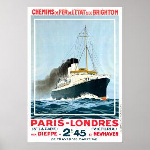 VINTAGE OCEAN LINER PARIS LONDON TRAVEL POSTER