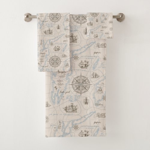 Vintage Ocean Map Pattern Bath Towel Set