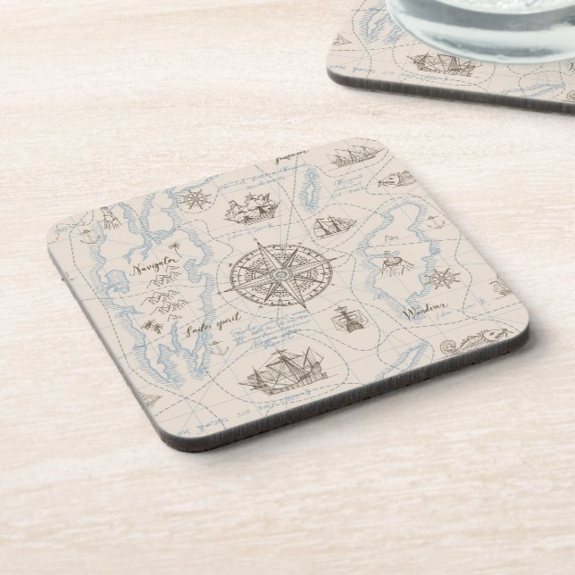 Vintage Ocean Map Pattern Beverage Coaster (Left Side)