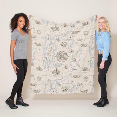 Vintage Ocean Map Pattern Fleece Blanket