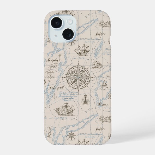 Vintage Ocean Map Pattern iPhone 15 Case (Back)