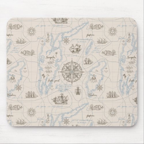 Vintage Ocean Map Pattern Mouse Pad