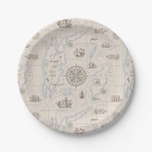 Vintage Ocean Map Pattern Paper Plates