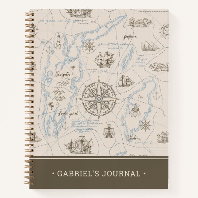 Vintage Ocean Map Pattern | Personalized Journal (Front)