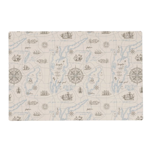 Vintage Ocean Map Pattern Placemat (Front)