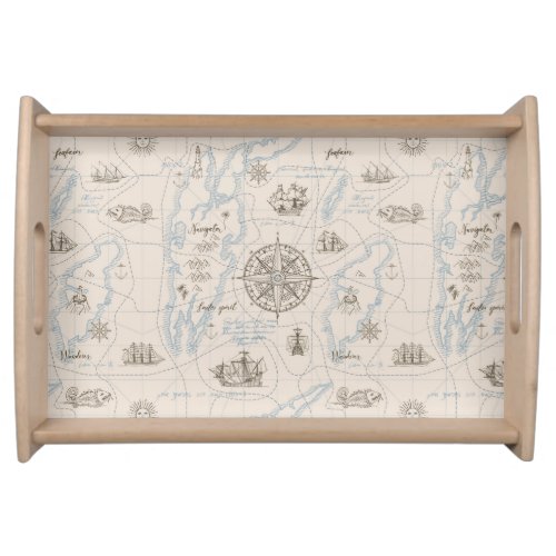 Vintage Ocean Map Pattern Serving Tray