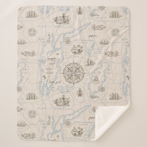 Vintage Ocean Map Pattern Sherpa Blanket