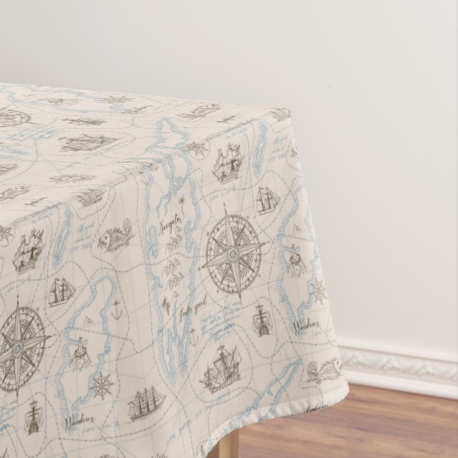 Vintage Ocean Map Pattern Tablecloth (In Situ)