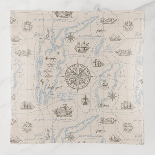 Vintage Ocean Map Pattern Trinket Tray