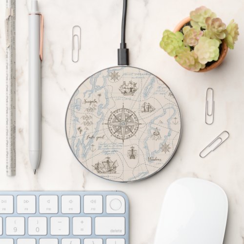 Vintage Ocean Map Pattern Wireless Charger