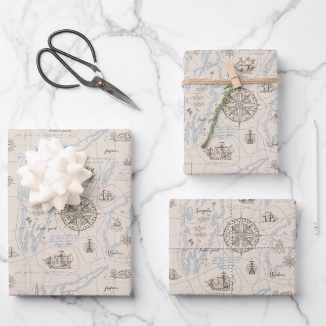 Vintage Ocean Map Pattern Wrapping Paper Sheets (Front)