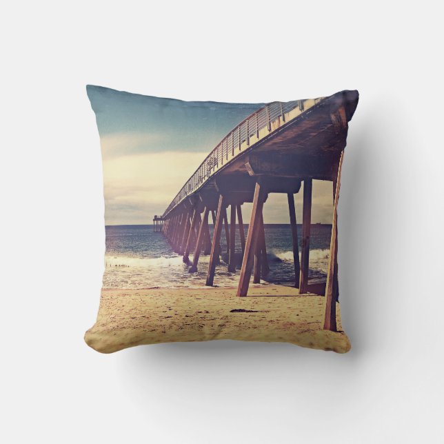 Vintage Ocean Pier Throw Pillow (Front)