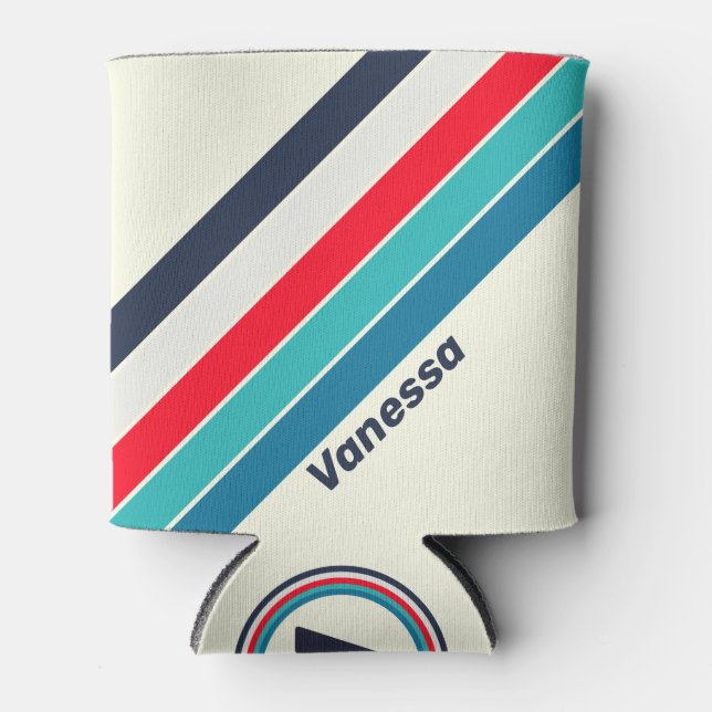 Vintage Ocean Stripes with Name Can Cooler (Front)