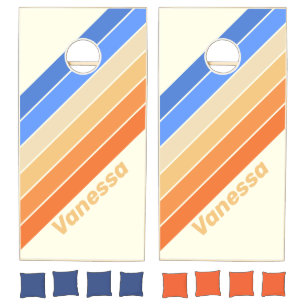 Vintage Ocean Sun Stripes with Name Cornhole Set
