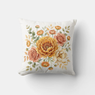Vintage Ochre & Rose Floral Bouquet  Throw Pillow