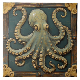 Vintage Octopus 3D Effect Nautical Aquatic Ceramic Tile