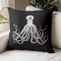 Vintage Octopus Black and White Illustration Throw Pillow