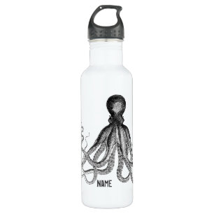 Vintage Octopus, Black and White, Stainless Steel Water Bottle