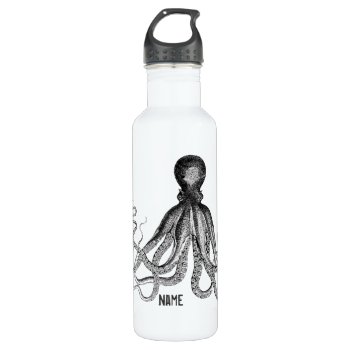 Vintage Octopus  Black And White  Stainless Steel Water Bottle by JoyMerrymanStore at Zazzle
