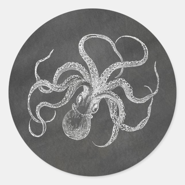 Vintage Octopus Chalkboard Background Template Classic Round Sticker (Front)