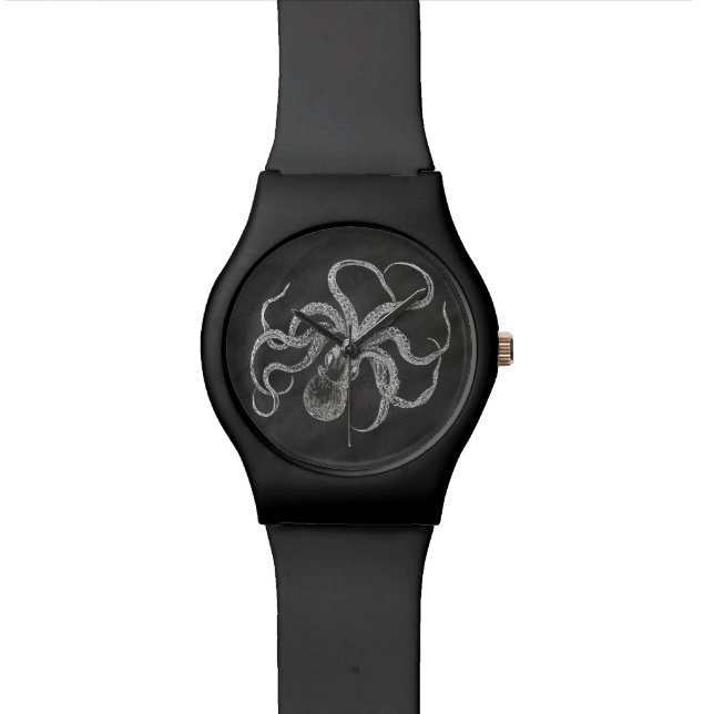 Vintage Octopus Chalkboard Background Template Wrist Watch (Close Up)