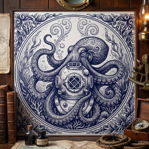 Vintage Octopus Diver Helmet Engraving Art Ceramic Tile